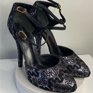 Dolce & Gabbana Black & Silver Lace Overlay Ankle-Strap High Heels Authebtic